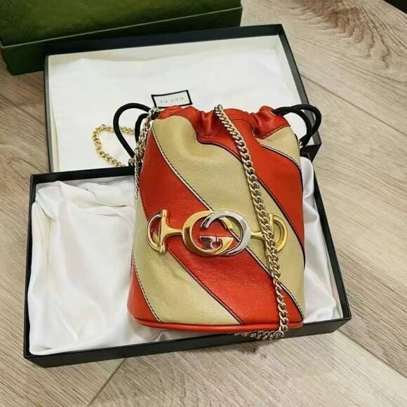 NIB Authentic Gucci GG Marmont Bucket Bag Diagonal Quilted Leather Mini-ORANGE - Picture 1 of 5